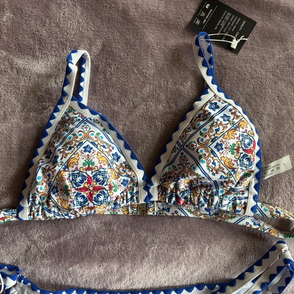 New Blue Yellow Mediterranean Tile Print Scalloped Triangle Bikini Set Large - Picture 7 of 11